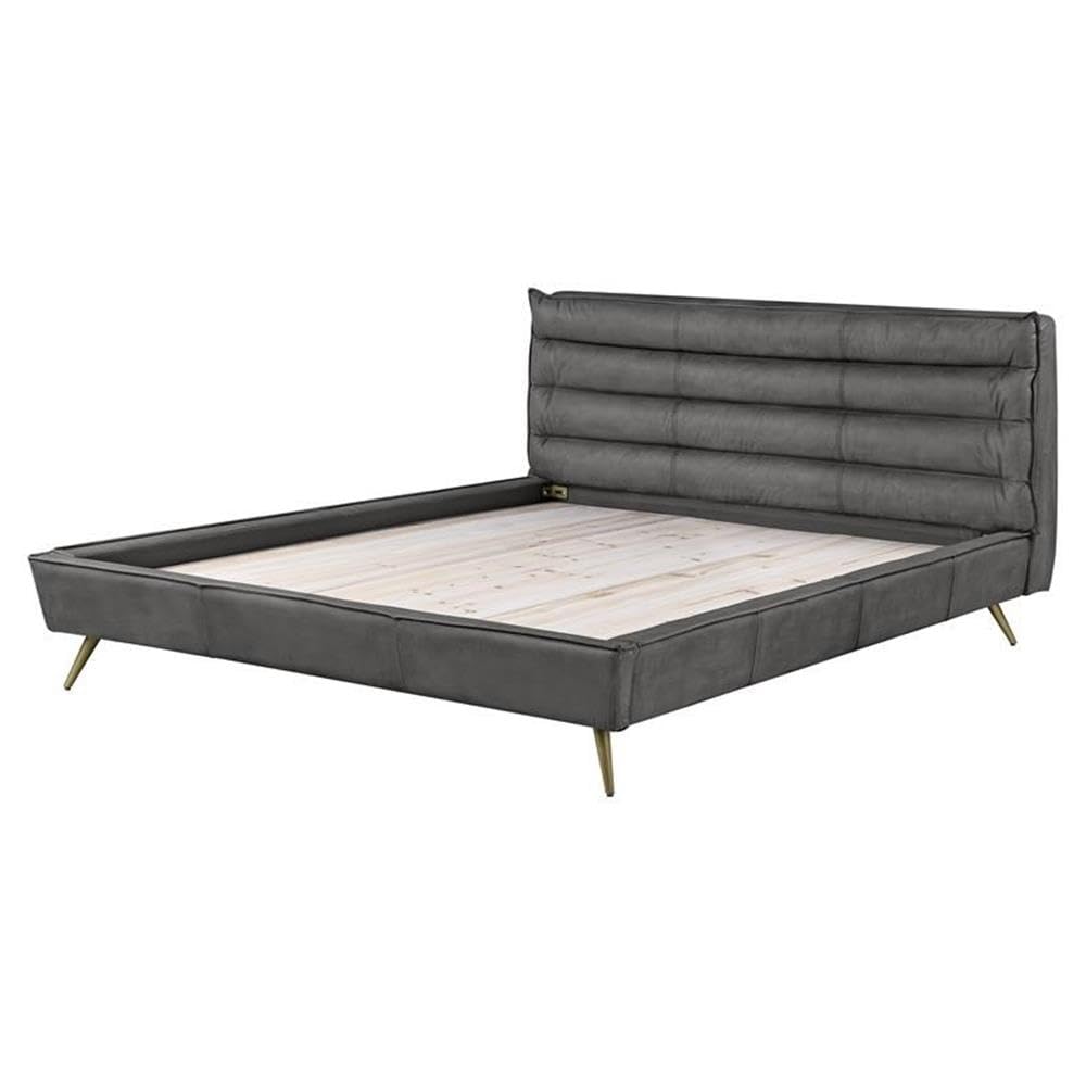 Acme Doris Top Grain Leather Upholstered Queen Bed with Tufted Headboard in Gray