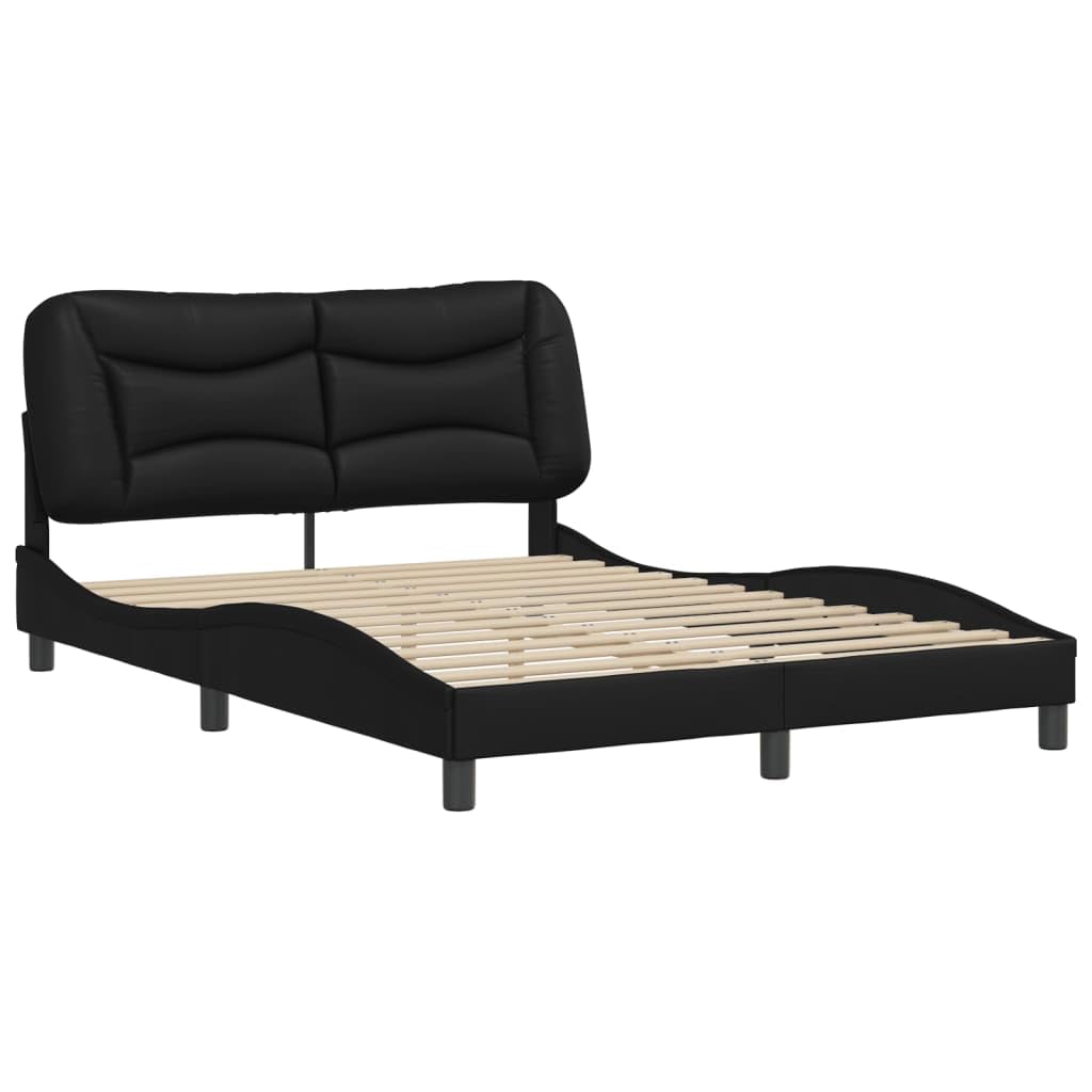 vidaXL Full-Size Bed Frame & Headboard in Black Faux Leather with Waved Design, Plywood Slats & Plush Cushion - Elegant Bedroom Furniture