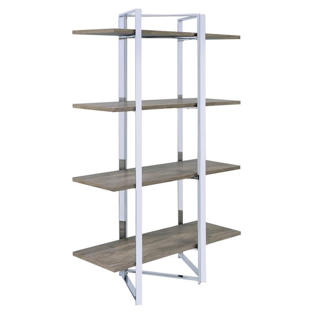 Acme Libby 4 Fixed Wooden Shelves Rectangular Bookshelf in Chrome Metal