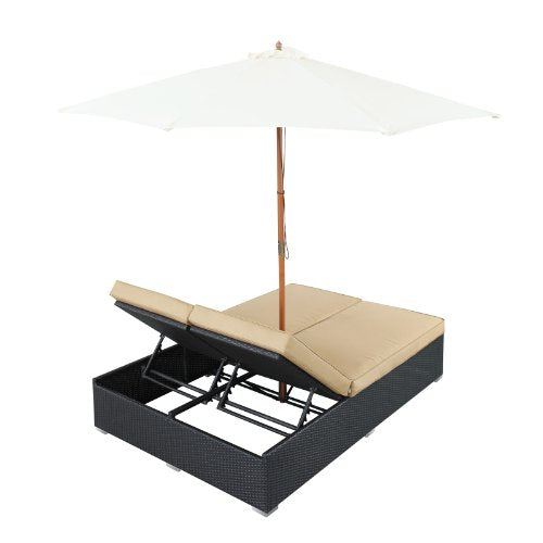 Modway Arrival Wicker Rattan Outdoor Patio Upholstered Double Chaise Lounge Chair in Espresso Mocha With Umbrella