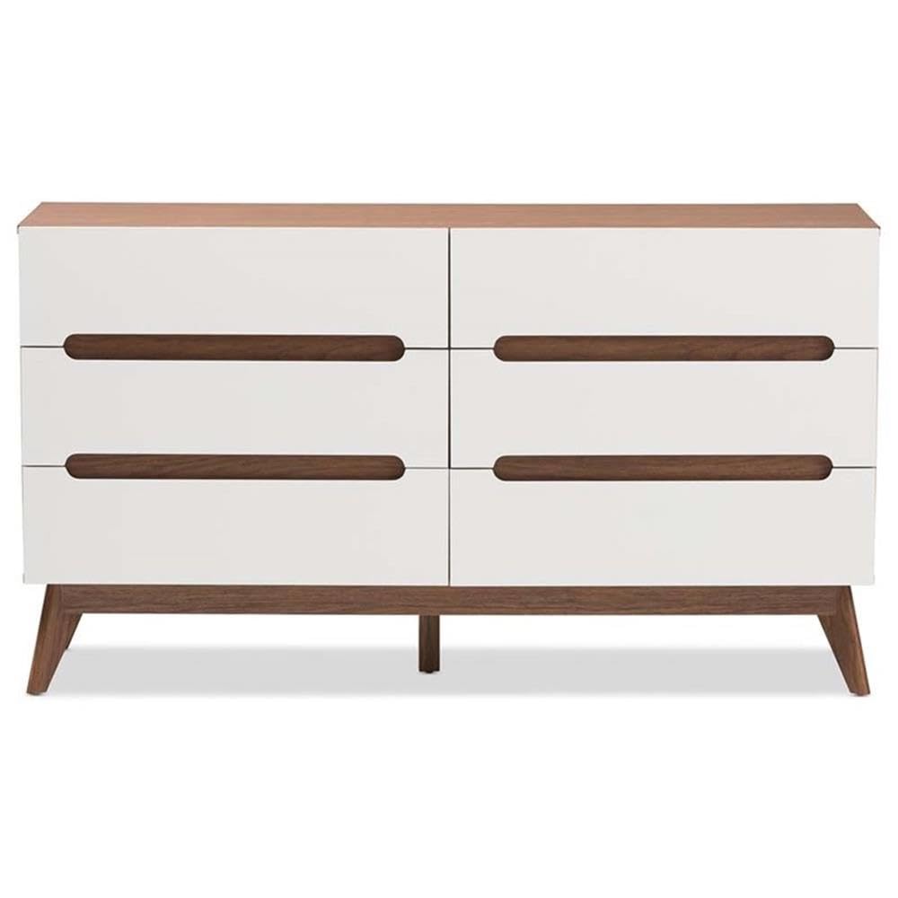 Baxton Studio Calypso Mid-Century Modern White and Walnut Wood 6-Drawer Storage Dresser/Mid-Century/Particle Board/MDF with PU Paper/White/Walnut Brown