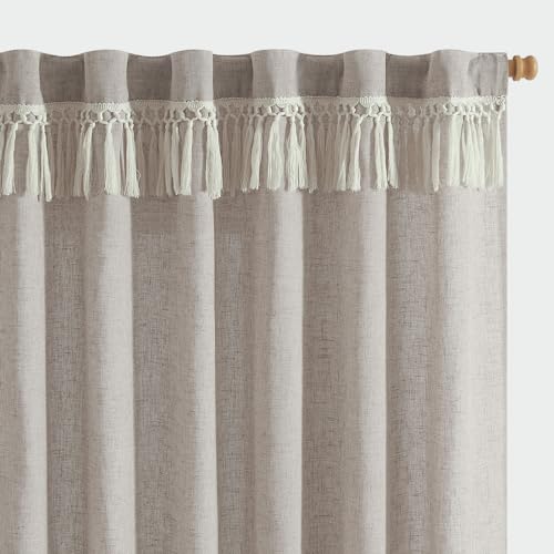 Jinchan Linen Blend Curtains With Tassels, Curtains For Living Room 84 Inches Long, Boho Curtains, Rod Pocket Back Tab Flax Farmhouse Curtains For Bedroom Light Filtering Taupe Window Curtain 2 Panels