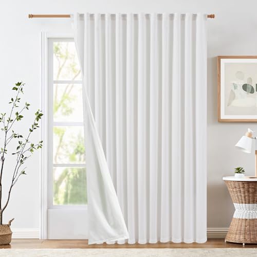 Jinchan Linen Blend White Curtains 100Wx84L Inches For Living Room Extra Wide Farmhouse Rod Pocket Back Tab Light Filtering Window Drapes With Lined For Bedroom White 1 Panel