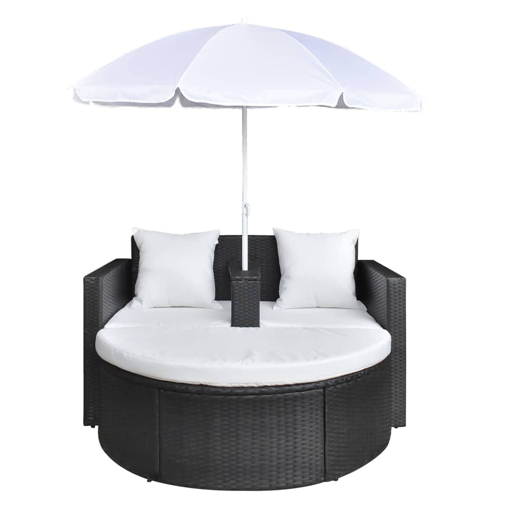 Vidaxl Patio Bed With Parasol Black Poly Rattan