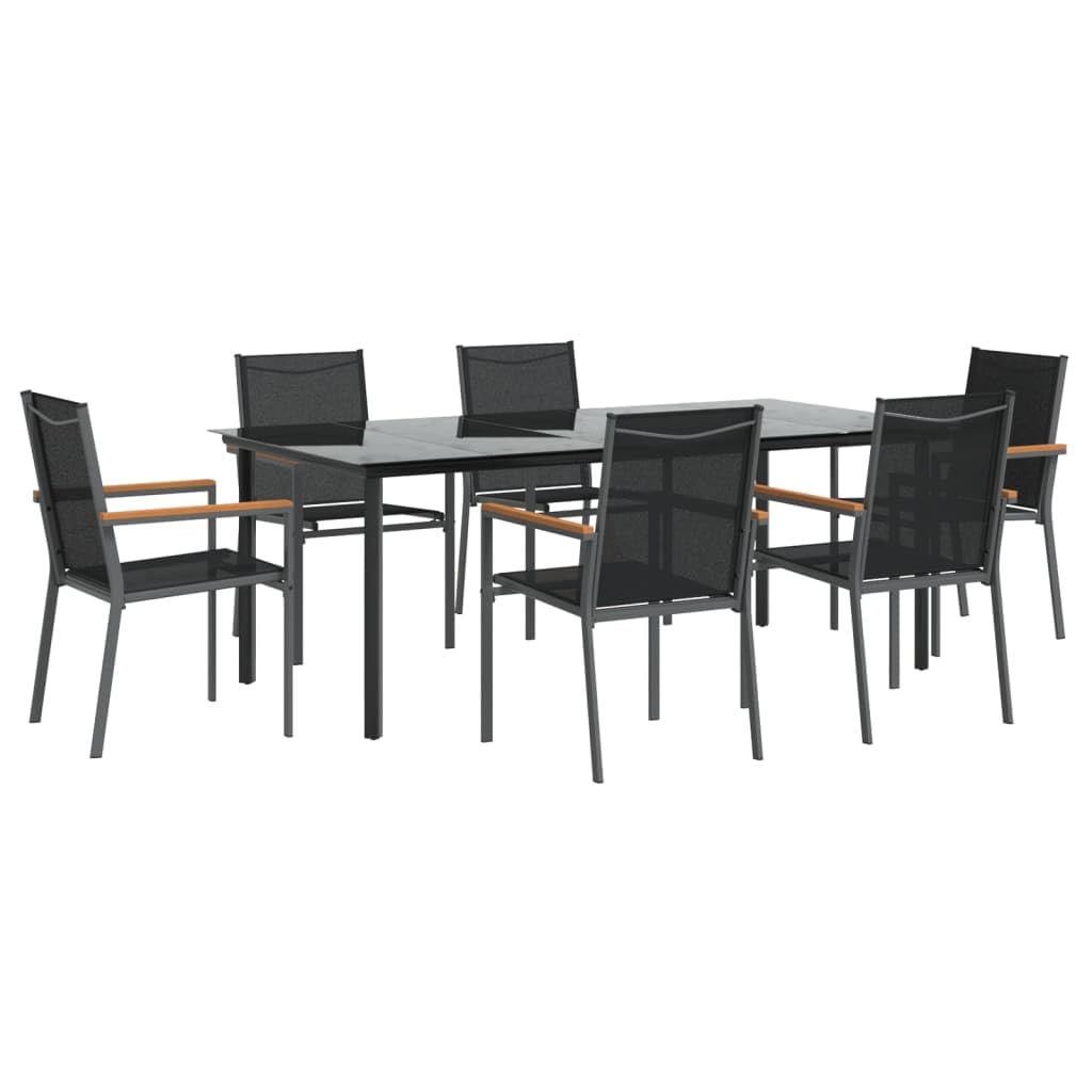 Vidaxl Modern Patio Dining Set With 7 Pieces - Black Textilene And Steel - Perfect For Family Gatherings, Outdoor Dinners And Patio Décor.