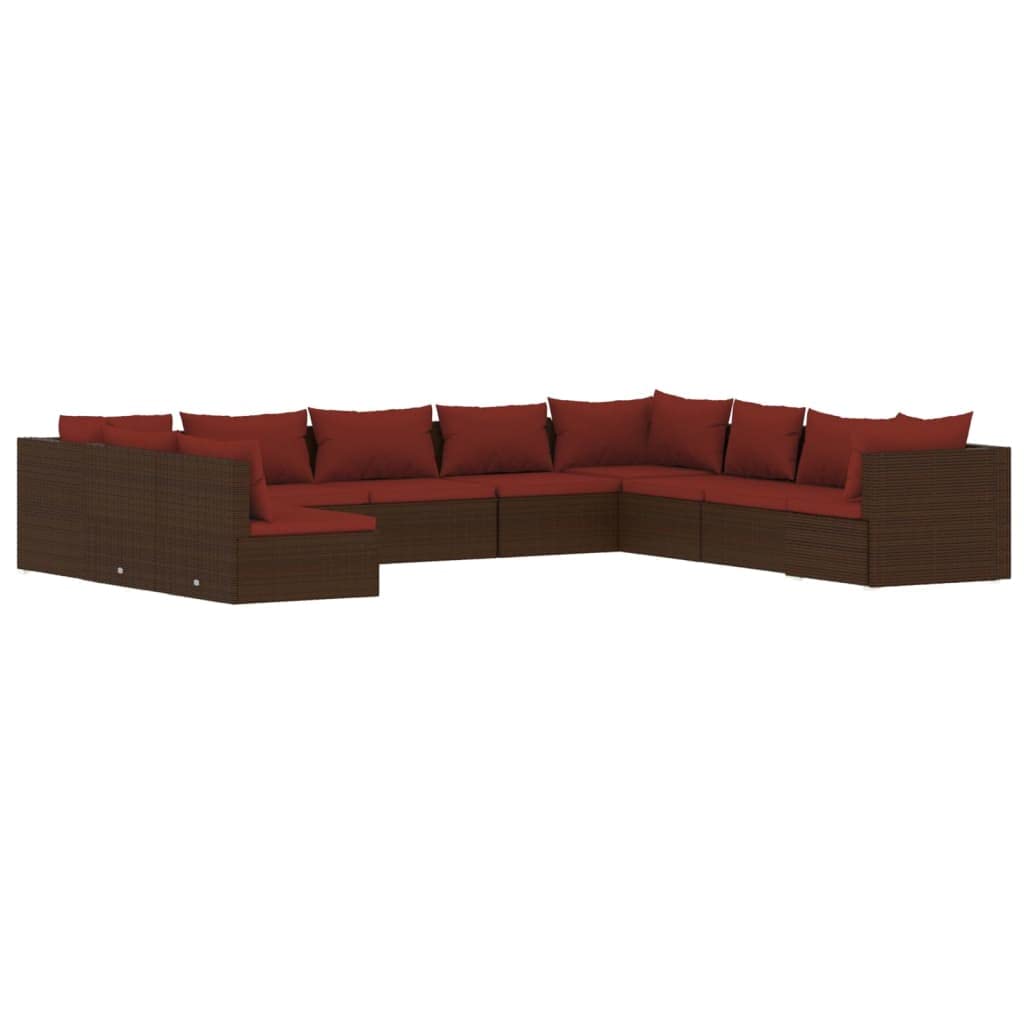 vidaXL 10 Piece Outdoor Patio Lounge Set with Cushions, Brown Poly Rattan Material, Modular Design, Comfortable Seating, Water-Resistant