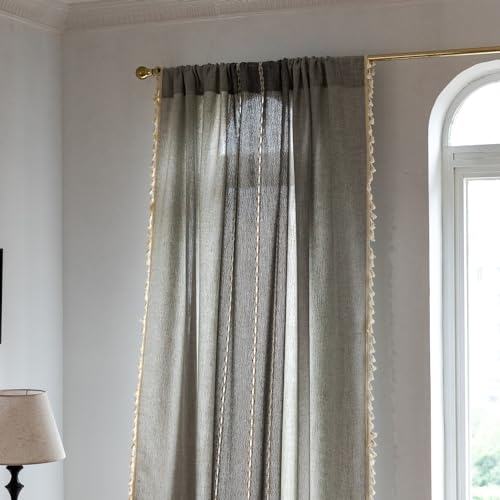 Sutuo Home Boho Curtains For Bedroom Dining Room, Semi Blackout Linen Farmhouse Shabby Chic Tassels Window Treatment Bohemian Embroidery Drape, Rod Pocket 1 Panel 52' W X 84' L, Gray Linen