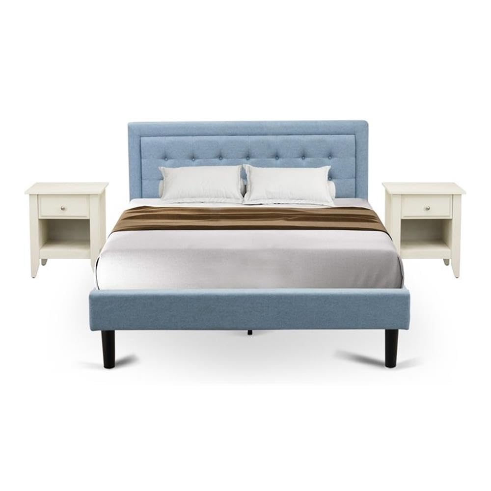 East West Furniture FN11Q-2GA0C 3-Piece Fannin Queen Bedroom Set with 1 Modern Bed and 2 Night Stands for Bedrooms - Reliable and Durable Construction - Denim Blue Linen Fabric