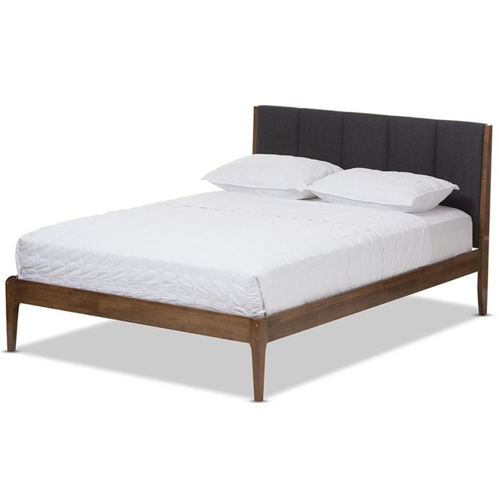 Baxton Studio Ember Mid-Century Dark Grey Fabric and Medium Brown Finish Wood King Size Platform Bed