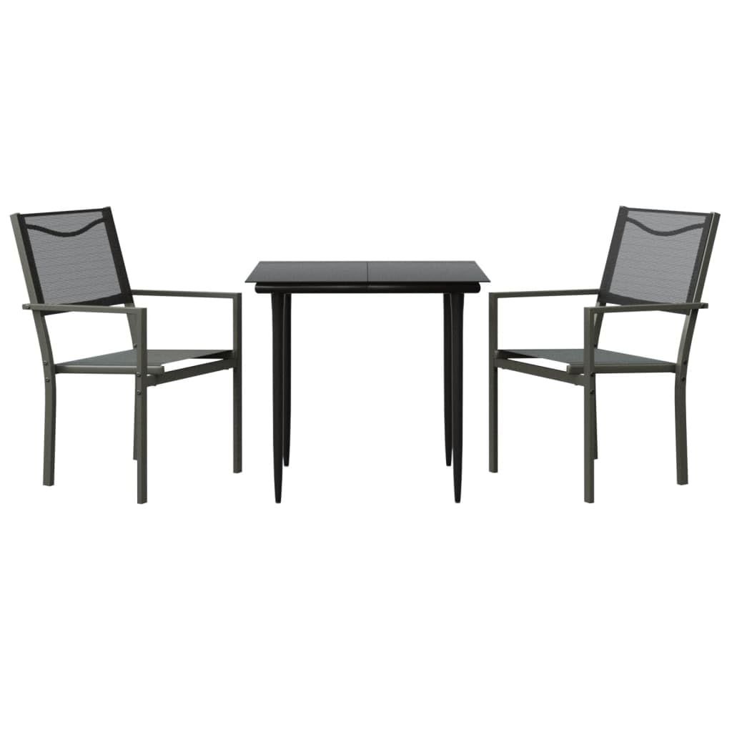 Vidaxl 3-Piece Patio Dining Set - Powder-Coated Steel, Textilene Chairs, Glass-Top Table - Suitable For Garden, Patio, Deck - Black