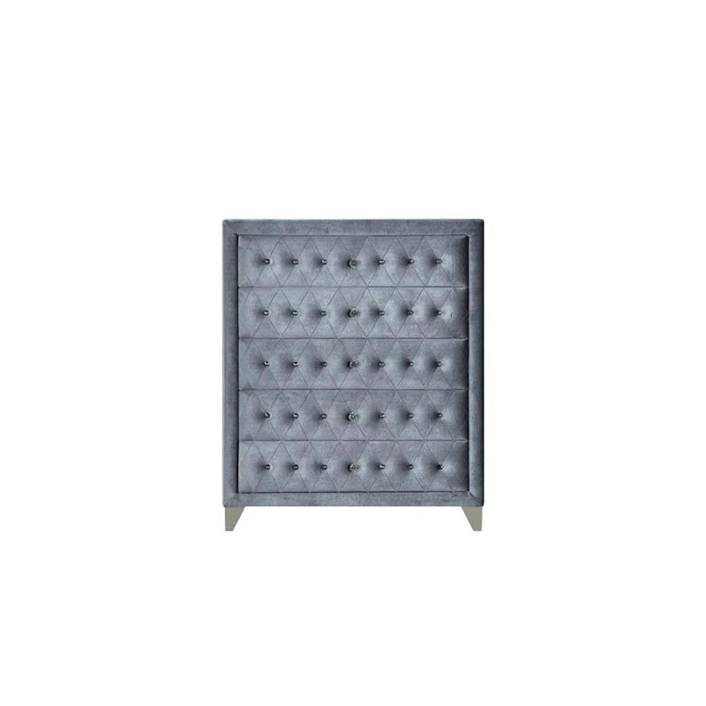 Acme Rectangular Upholstered 5-Drawer Dante Chest in Gray Velvet