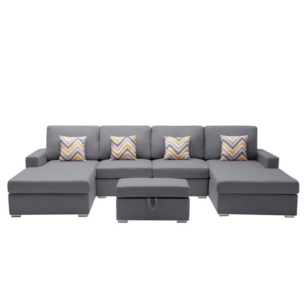 Lilola Home Nolan Gray Linen Fabric 5Pc Double Chaise Sectional Sofa with Interchangeable Legs, Storage Ottoman, and Pillows