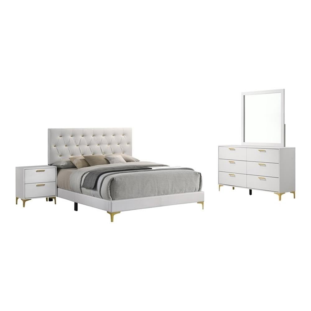 Coaster Home Furnishings Kendall 4-Piece Modern Bedroom Set California King Size Upholstered Tufted Bed Frame Velvet Upholstery Nightstand Dresser And Mirror White 224401Kw-S4