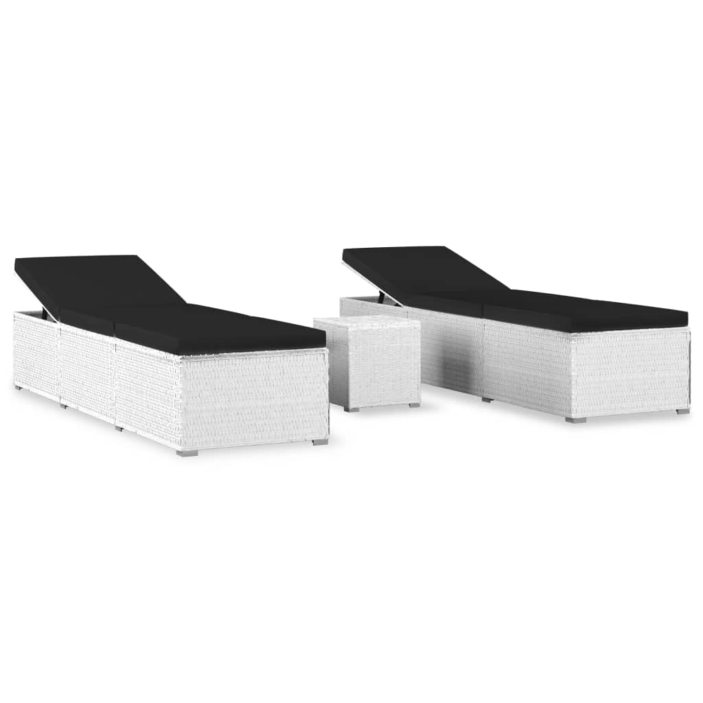 vidaXL - 3 Piece Patio Sun Loungers and Tea Table Set, White Poly Rattan, Weather-Resistant, Adjustable Sides, Thick Cushions with Washable Covers, Ideal for Lounge Areas, Gardens, Patios