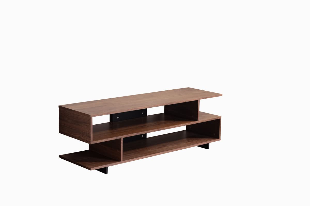 Lilola Home Iris 59" Brown Walnut Finish TV Stand with 2 Levels of Shelves and Black Legs