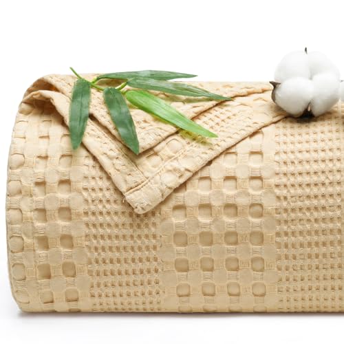 Phf Cooling Waffle Blanket Twin Size, Lightweight 60% Rayon Derived From Bamboo & 40% Cotton Breathable Blanket For Hot Sleepers, Soft And Luxury For Bed Couch And Sofa, 66'X90', Beige