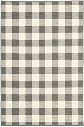 HomeRoots Grey Polypropylene 9’x13’ Gray and Ivory Gingham Indoor Outdoor Area Rug