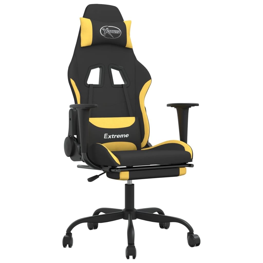 vidaXL Massage Gaming Chair for Adult, Reclining Computer Chair with Footrest and Headrest, Height Adjustable Office Chair with 360°-Swivel Castors, Black and Yellow Fabric