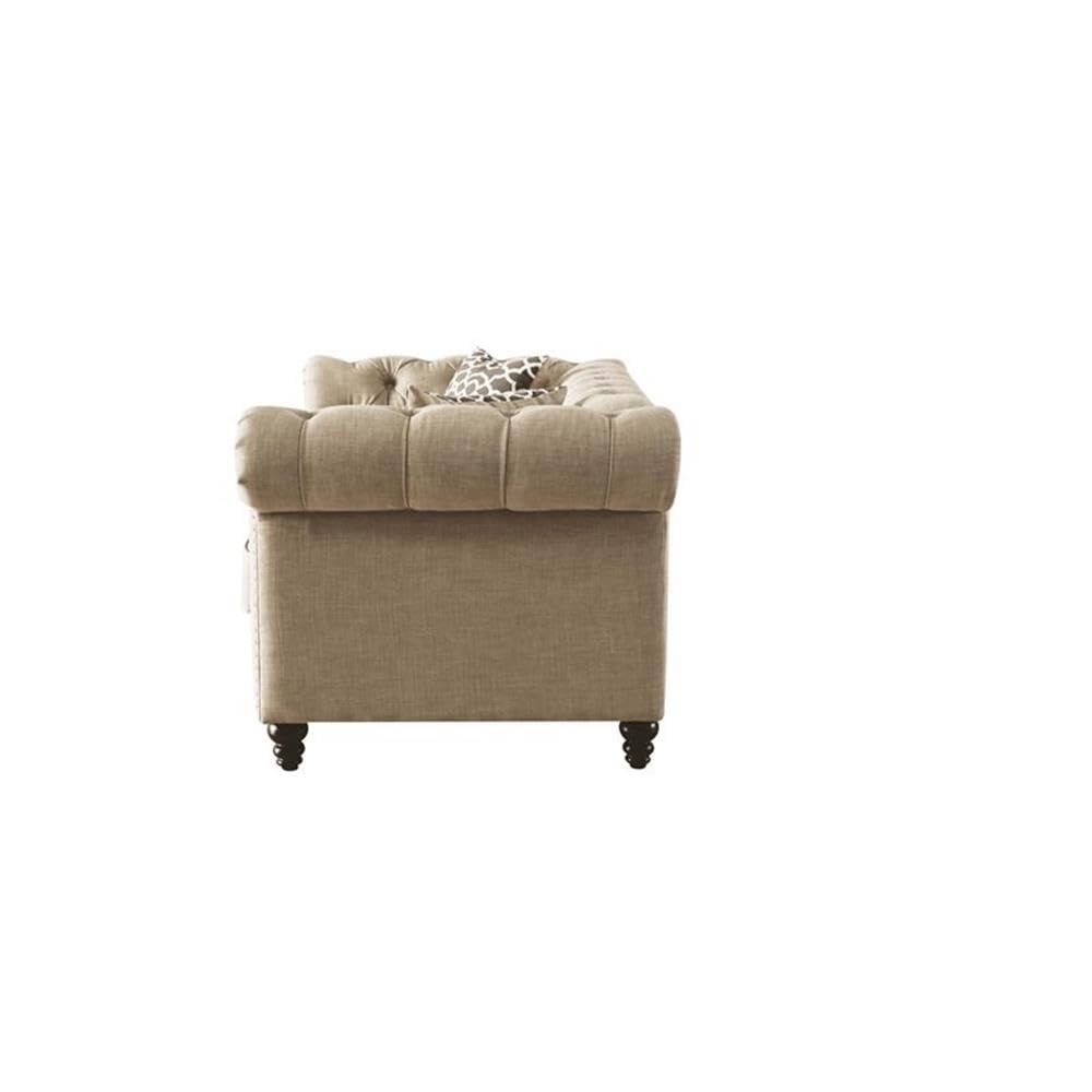 Acme Aurelia Nail-Head Trim Tufted Loveseat with 2 Pillows in Beige Linen