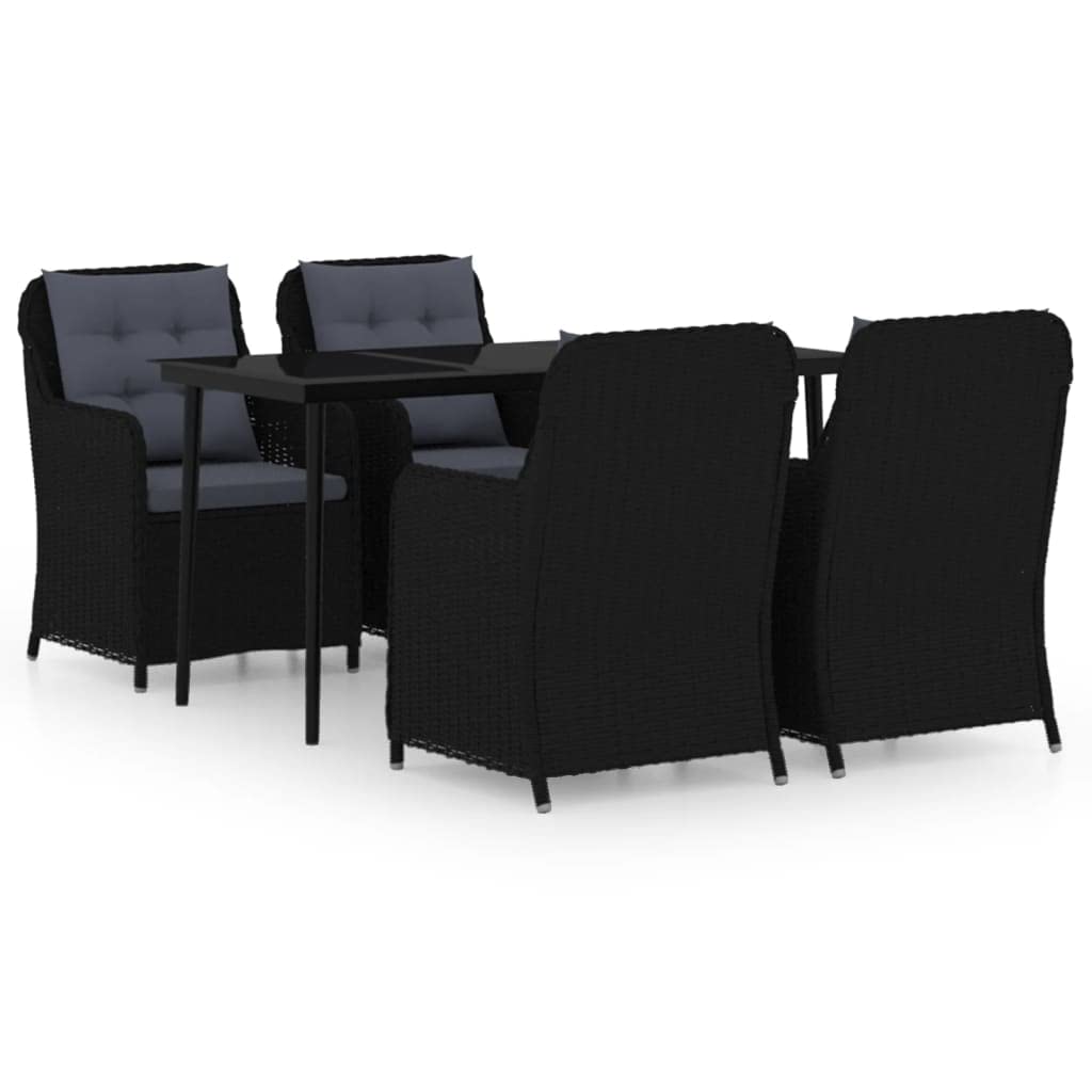 vidaXL Outdoor Dining Set - 5 Pieces - Black Patio Furniture - Glass Top Table - PE Rattan Chairs with Dark Grey Cushions