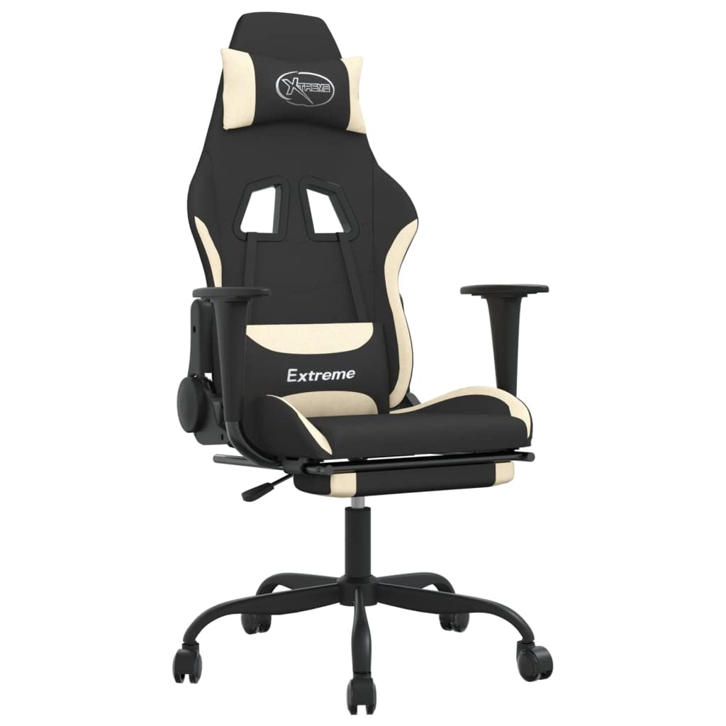 vidaXL Adjustable Gaming Chair with Footrest in Black and Cream Fabric - Comfortable Polyester Foam Filled Chair for Gaming and Office Use