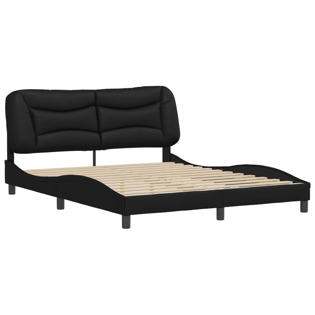vidaXL Queen Bed Frame with Headboard - Black Faux Leather, Plywood Slats Support, Modern Wave Design, Bedroom Furniture, Metal & Pine Wood Structure