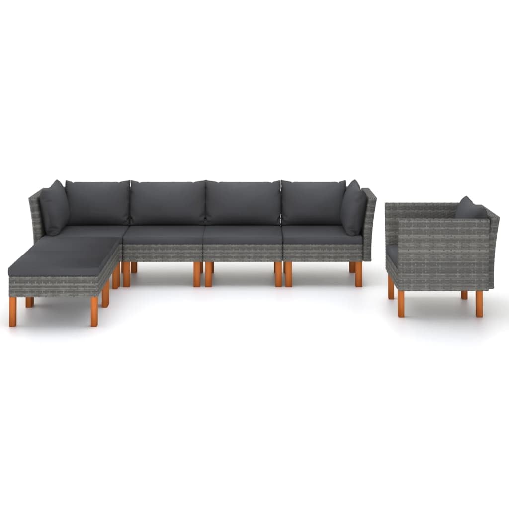vidaXL 7-Piece Patio Lounge Set in Gray - Durable PE Rattan and Powder-Coated Steel with Solid Eucalyptus Wood Legs - Includes Corner Sofas, Middle Sofas, Sofa, Footstools, and Cushions