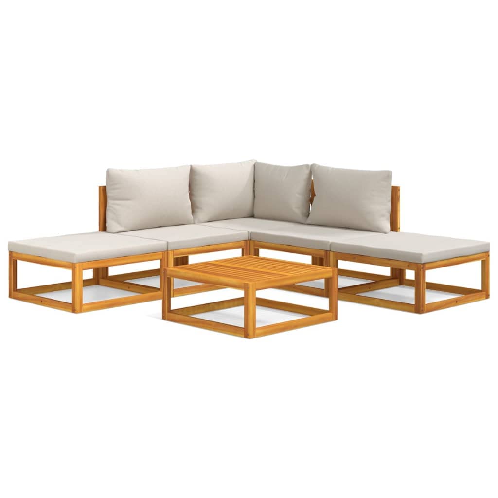 vidaXL Patio Lounge Set with Light Gray Cushions -6 Pieces Solid Acacia Wood Modular Design Farmhouse Style Outdoor Furniture wi