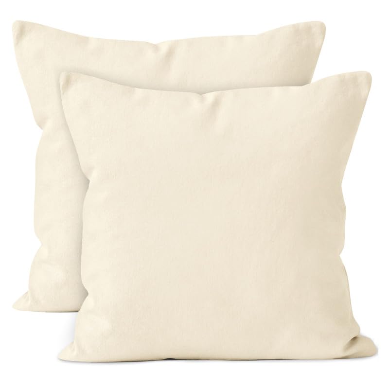 Cotton Canvas Throw Pillow Covers by Encasa Pack of 2 Natural 16'x16' No Insert with Hidden Zipper | Decorative Cushion Covers