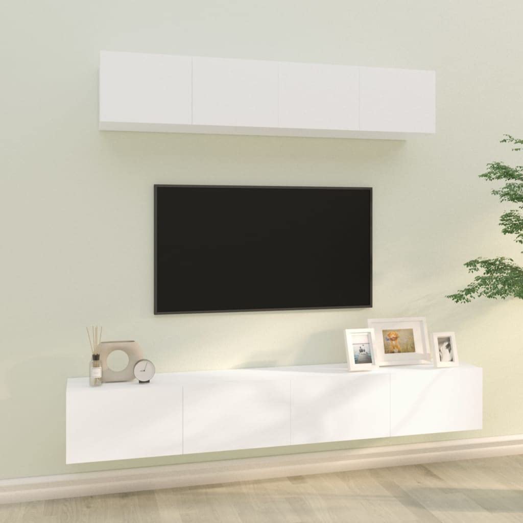 vidaXL TV Stand Set 4 Piece, Wall Mounted Entertainment Center, TV Stand Console with Storage, Modern Style, White Engineered Wood