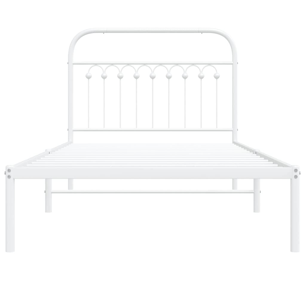 vidaXL Metal Single Bed Frame with Headboard, Steel, White, 39.4"x78.7", Storage Space, Mattress Support