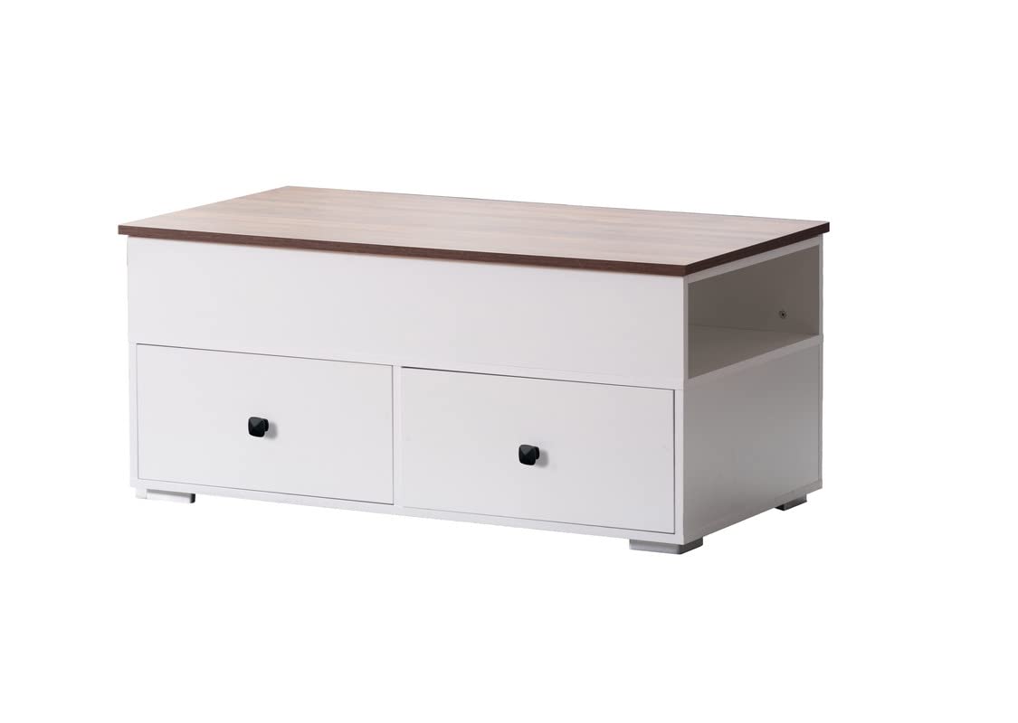 Luna White Lift Top Coffee Table with Brown Walnut Finish – Storage Coffee Table with 2 Drawers and 2 Shelves