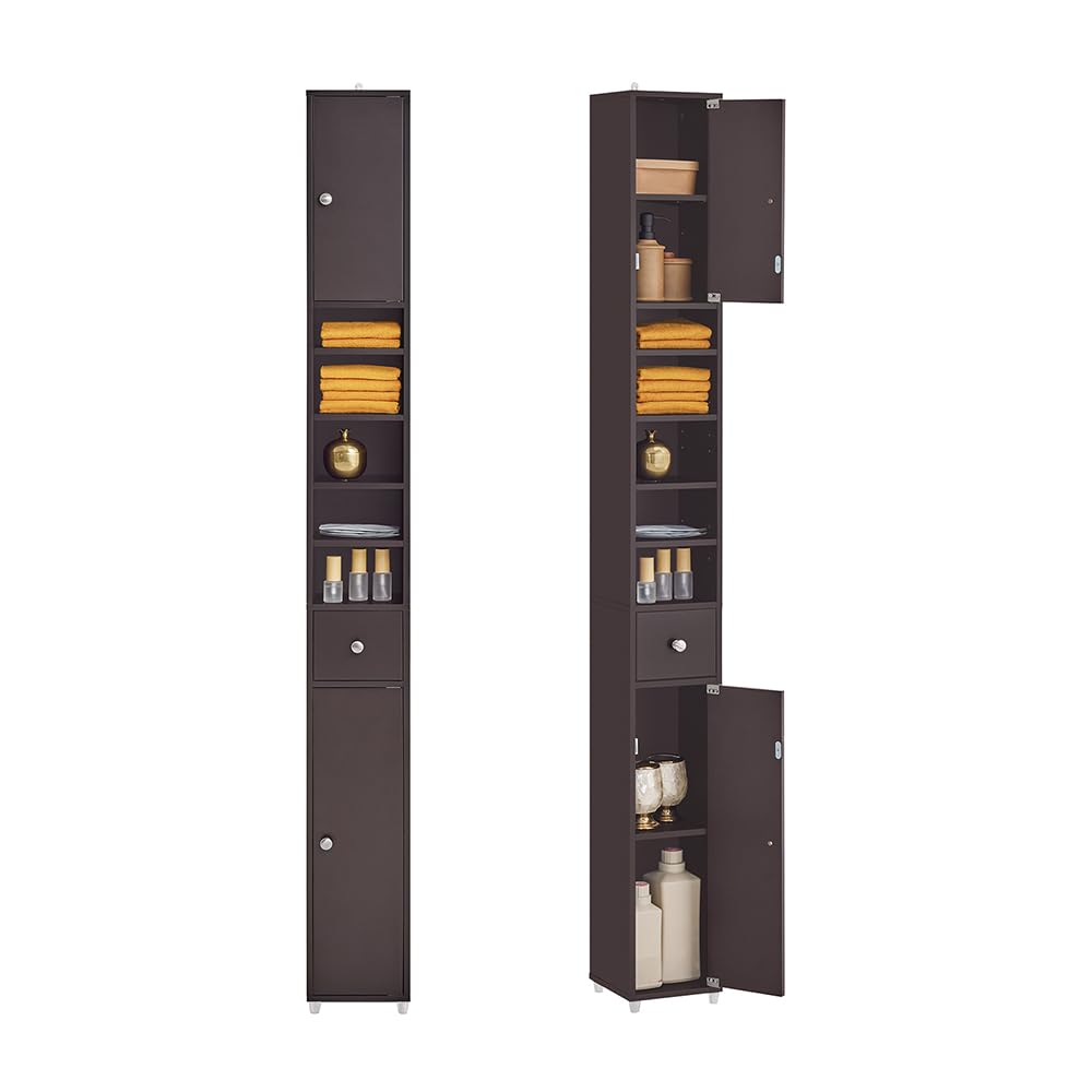 Haotian Bathroom Narrow Storage Cabinet, Skinny Tall Unit With Adjustable Shelves Slender Anti-Tipping Floor Standing Cupboard, Brown Bzr34-Br