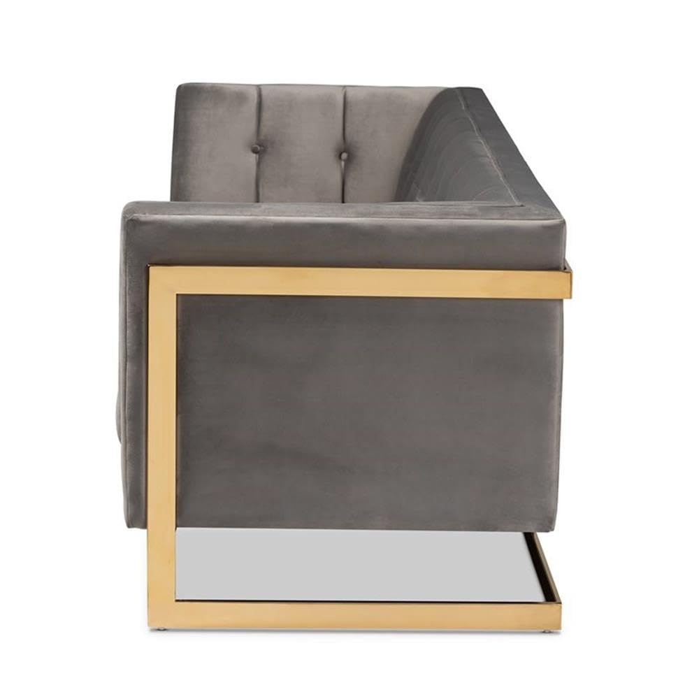Baxton Studio Ambra Glam and Luxe Grey Velvet Fabric Upholstered and Button Tufted Sofa with Gold-Tone Frame
