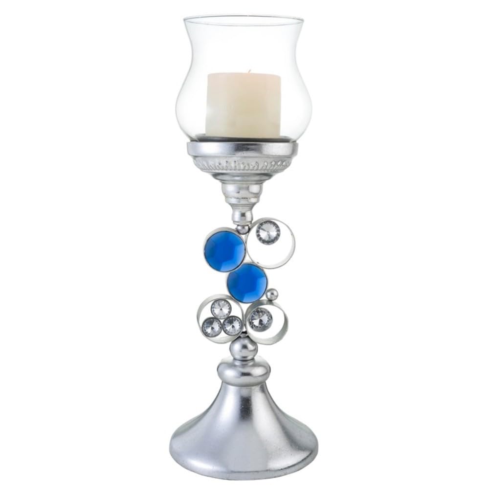 HomeRoots 468338 18 x 6.25 x 6.25 in. Silver & Blue Faux Crystal Bling Hurricane Candle Holder