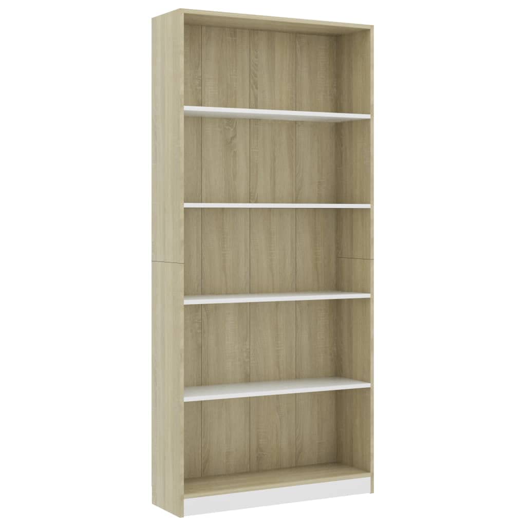 vidaXL Bookshelf, 5-Layer Design Bookcase, Freestanding Display Storage, Display Shelf for Living Room, Modern, White and Sonoma Oak Engineered Wood