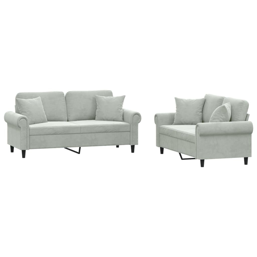 vidaXL Light Gray Velvet 2 Piece Sofa Set with Cushions and Sturdy Plywood Frame for Comfortable Seating in Living Room and Lounge Area
