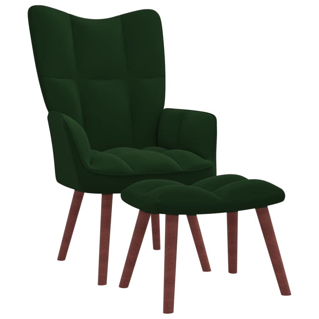 vidaXL Velvet Relaxing Chair with Stool in Dark Green - Modern Style, Steel Framed Armchair & Footstool Set, Suitable for Living Room, Bedroom, Lounge Area, and Office