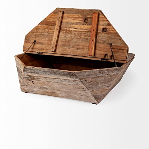 HomeRoots Light Brown Octogan Solid Wood Hinged Top Coffee Table w/Storage