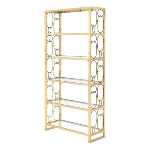 Acme Julos Metal Etagere Bookcase with 6 Glass Shelves in Clear Glass and Gold