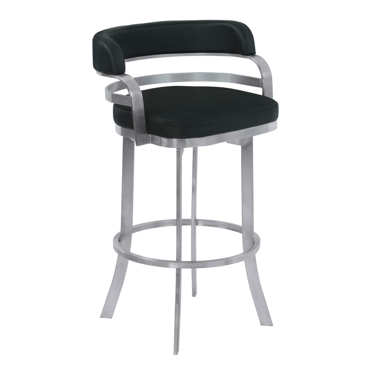 HomeRoots 477242 38 x 21 x 22 in. Black & Silver Faux Leather & Iron Swivel Low Back Bar Height Chair with Footrest