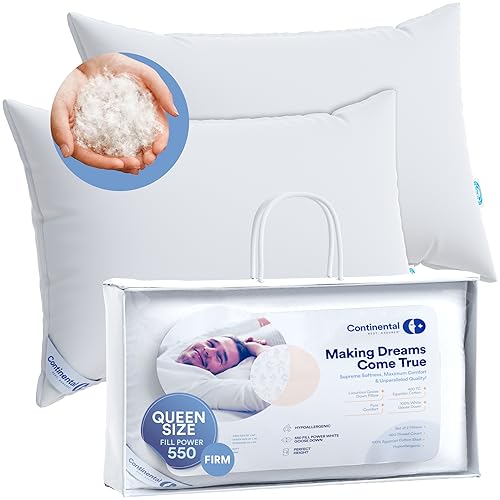 Continental Bedding 100% Luxury Down Pillows Queen Size Set Of 2 - Family Made In New York - Breathable Bed Pillows For Sleeping