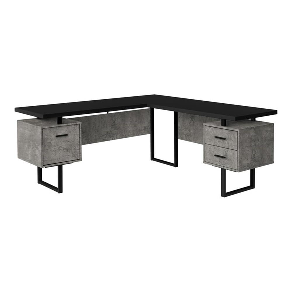 Monarch Specialties 7617 Computer Desk, Home Office, Corner, Left, Right Set-up, Storage Drawers, 70' Shape, Work, Laptop, Metal, Laminate, Desk-70 R, 71'L x 71'W x 30'H, Black Top/Grey Concrete-Look