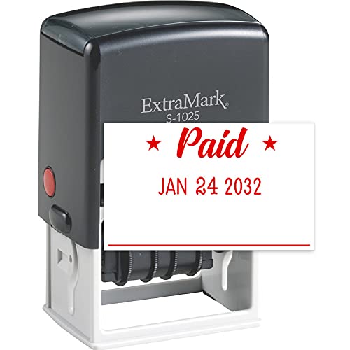 Extramark S-1025 Professional Self Inking Office Date Stamp With 'Paid' Phrase - Style P - Red Color Ink