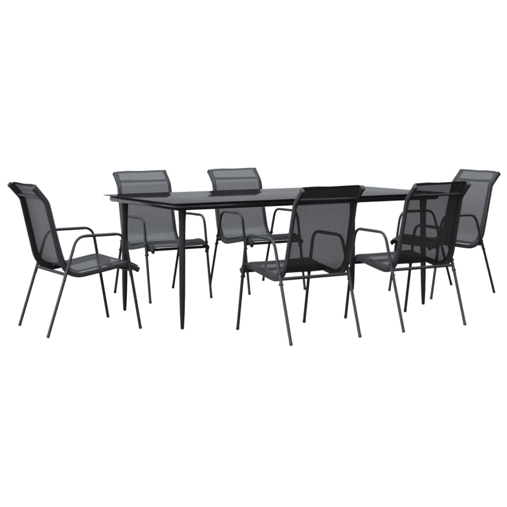 vidaXL 7-Piece Patio Dining Set - Black Steel and Textilene Fabric Outdoor Furniture - Weather-Resistant Chairs and Rectangular Glass Tabletop