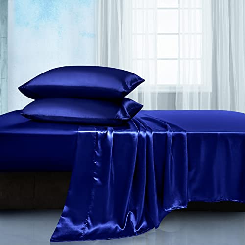 Manyshofu Satin King Sheets Set 4 Piece - Soft Silky Satin Sheets Set, Royal Blue Satin Bed Sheets Cooling & Luxury Bedding Shee