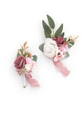 Ansofi Dusty Rose Wrist Corsage and Boutonniere Set Artificial Light Pink White Rose Flower Wristlet Band Bracelet and Men Bouto