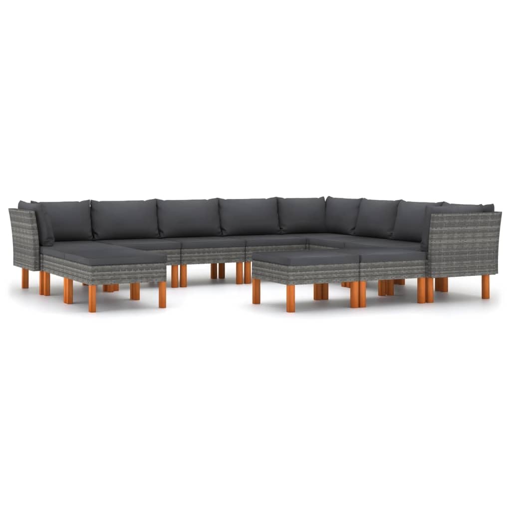vidaXL Patio Lounge Set - 12 Piece - Gray Poly Rattan, Powder-Coated Steel Frame, Solid Eucalyptus Wood Legs - Includes Thickly Padded Cushions, Removable and Washable Covers
