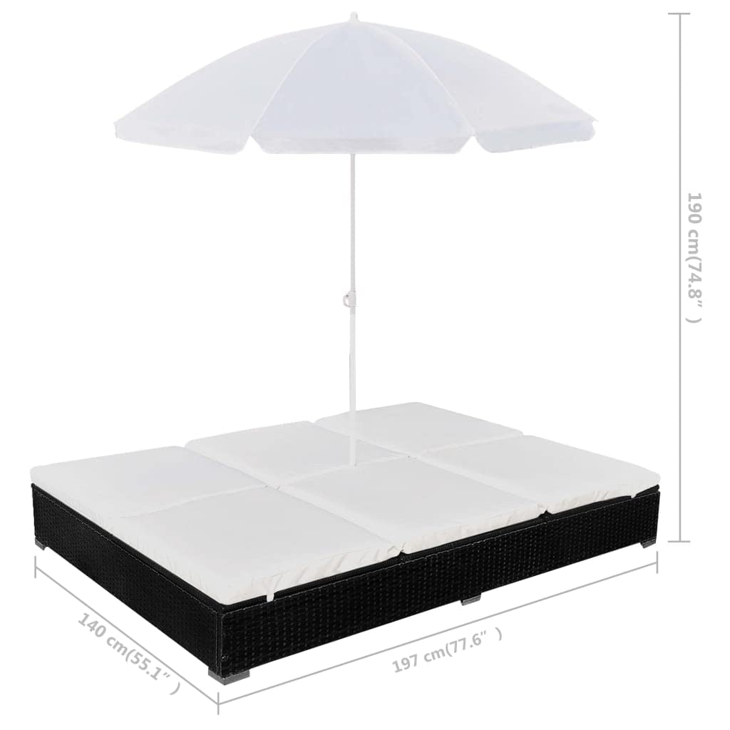 vidaXL Double Patio Lounge Bed - Weather-Resistant and Waterproof Poly Rattan Outdoor Sun Lounger with Umbrella and Adjustable Positions for Comfort - Black