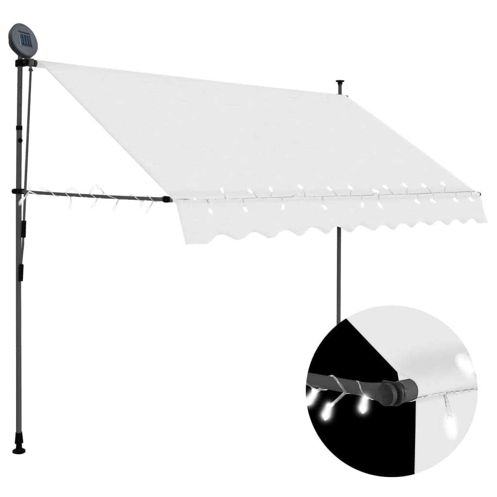 vidaXL Manual Retractable Cream Awning, Durable Polyester Fabric with PU Coating, Solar Powered LED Lights, 118.1&quot; Width, Suitable for Windows, Terraces and Balconies